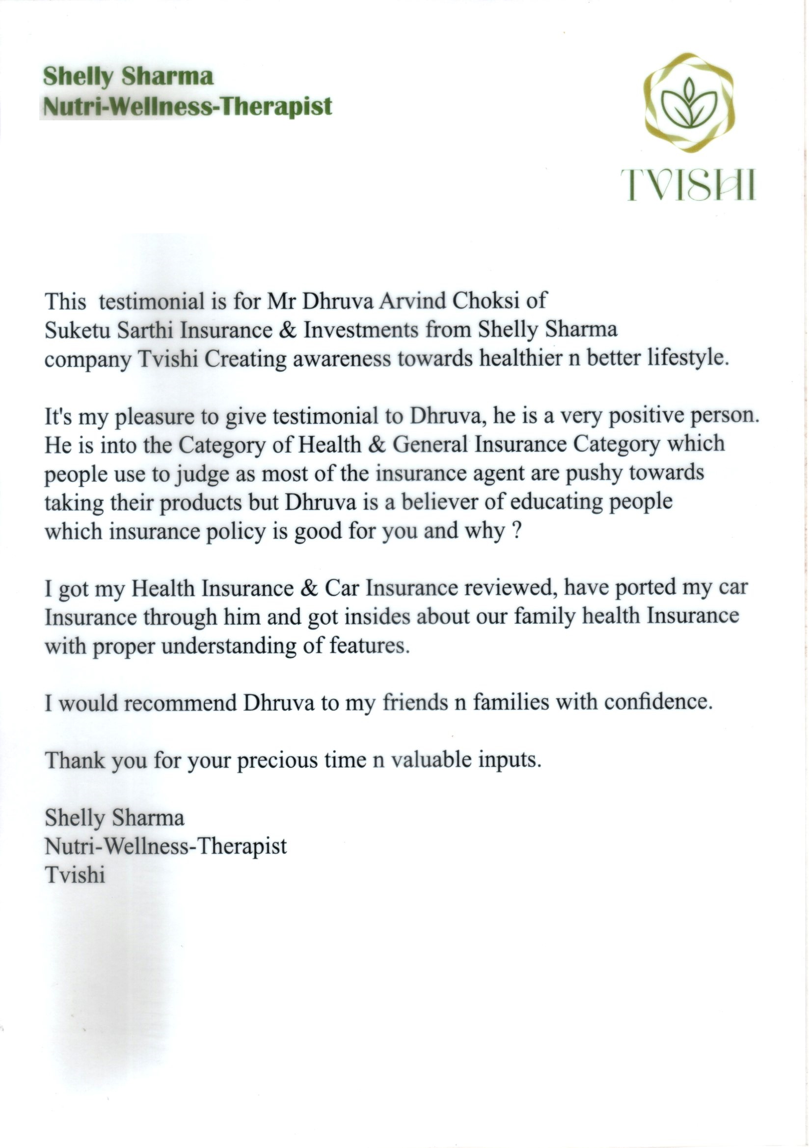Testimonial letter from Shelly Sharma, Tvishi